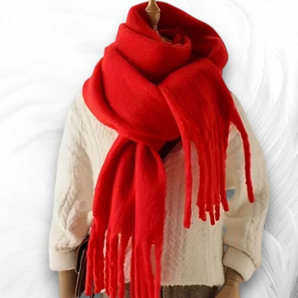 Soft Red Oversized Winter Scarf With Fringe – Cozy Blanket Shawl Wrap - Picture 1 of 4